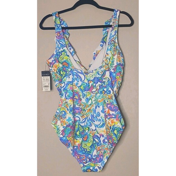 LAUREN Ralph Lauren Swimsuit Sz 14 Ruffle V-neck One Piece Multi Print $160 NWT - Picture 3 of 16